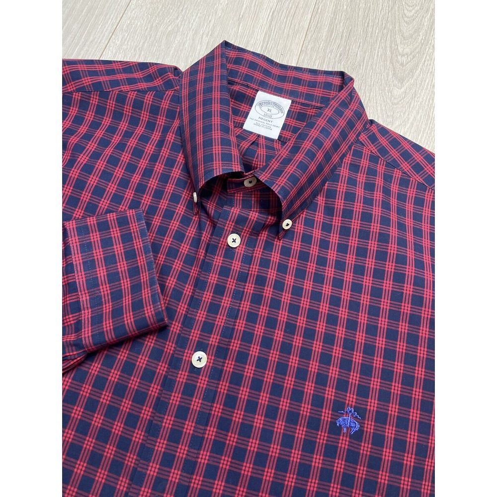 Brooks Brothers Shirt Mens XL Navy Blue Check Regent Logo Casual Preppy‎ Church